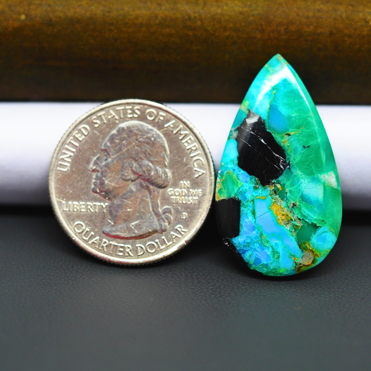 Mohave Turquoise & White Buffalo Pear Cabochon 32x18mm 17ct - Green and Blue with Black Edge - Pedra Gems