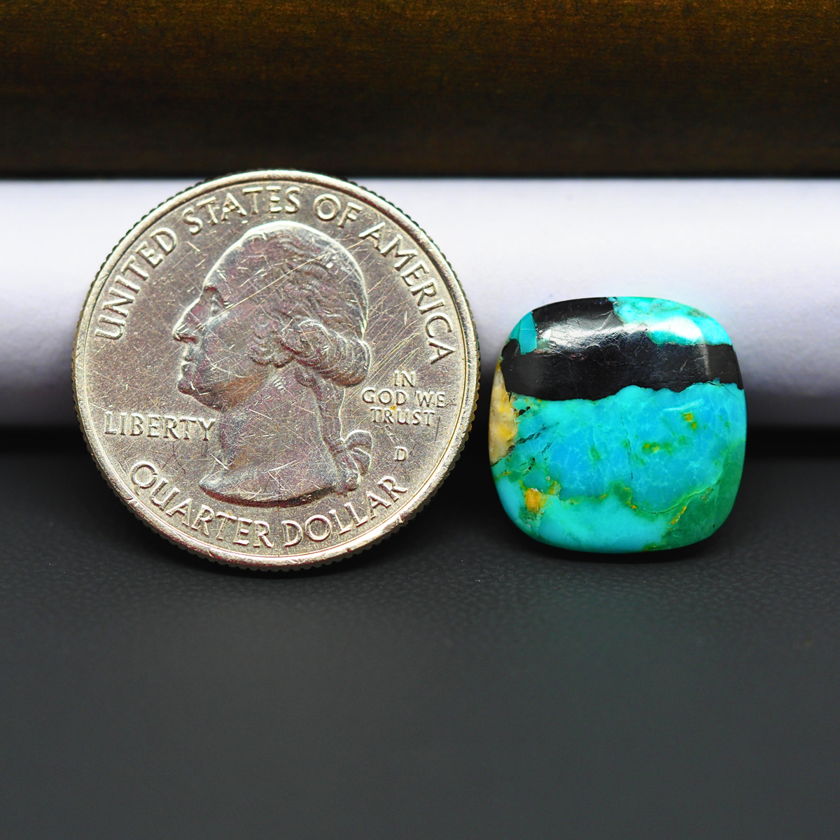 Mohave Turquoise & White Buffalo Cushion Cabochon 15x15mm 7.5ct - Blue and Green with Black Band - Pedra Gems