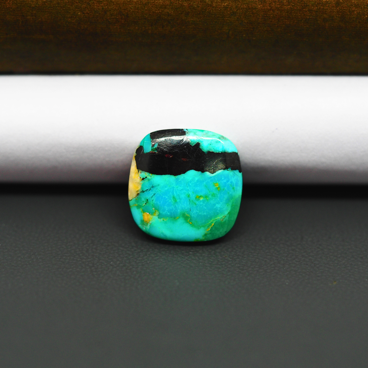 Mohave Turquoise & White Buffalo Cushion Cabochon 15x15mm 7.5ct - Blue and Green with Black Band - Pedra Gems
