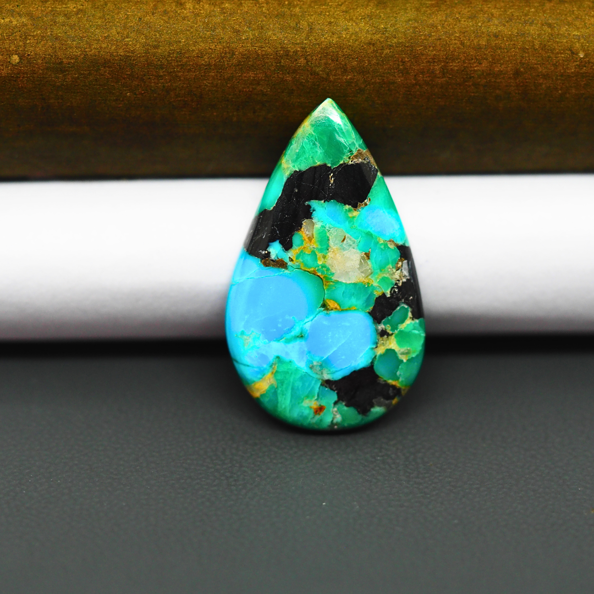 Mohave Turquoise & White Buffalo Pear Cabochon 29x18mm 12.5ct - Blue and Green with Black Thread - Pedra Gems