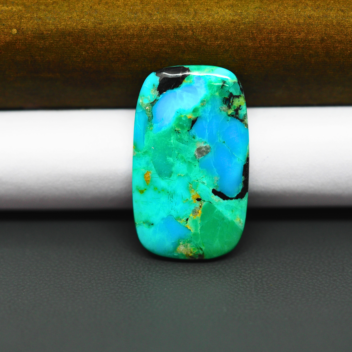 Mohave Turquoise & White Buffalo Cushion Cabochon 28x17mm 15.5ct - Green and Blue with Black Crown - Pedra Gems