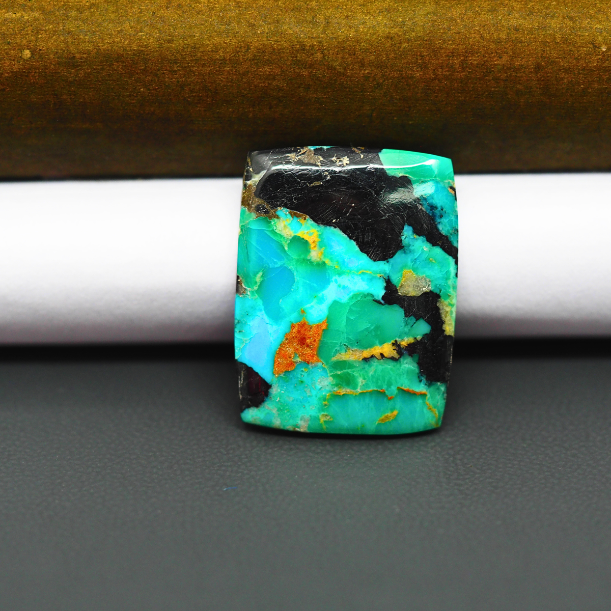 Mohave Turquoise & White Buffalo Cushion Cabochon 25x19mm 15.5ct - Green and Blue with Black Sweep - Pedra Gems