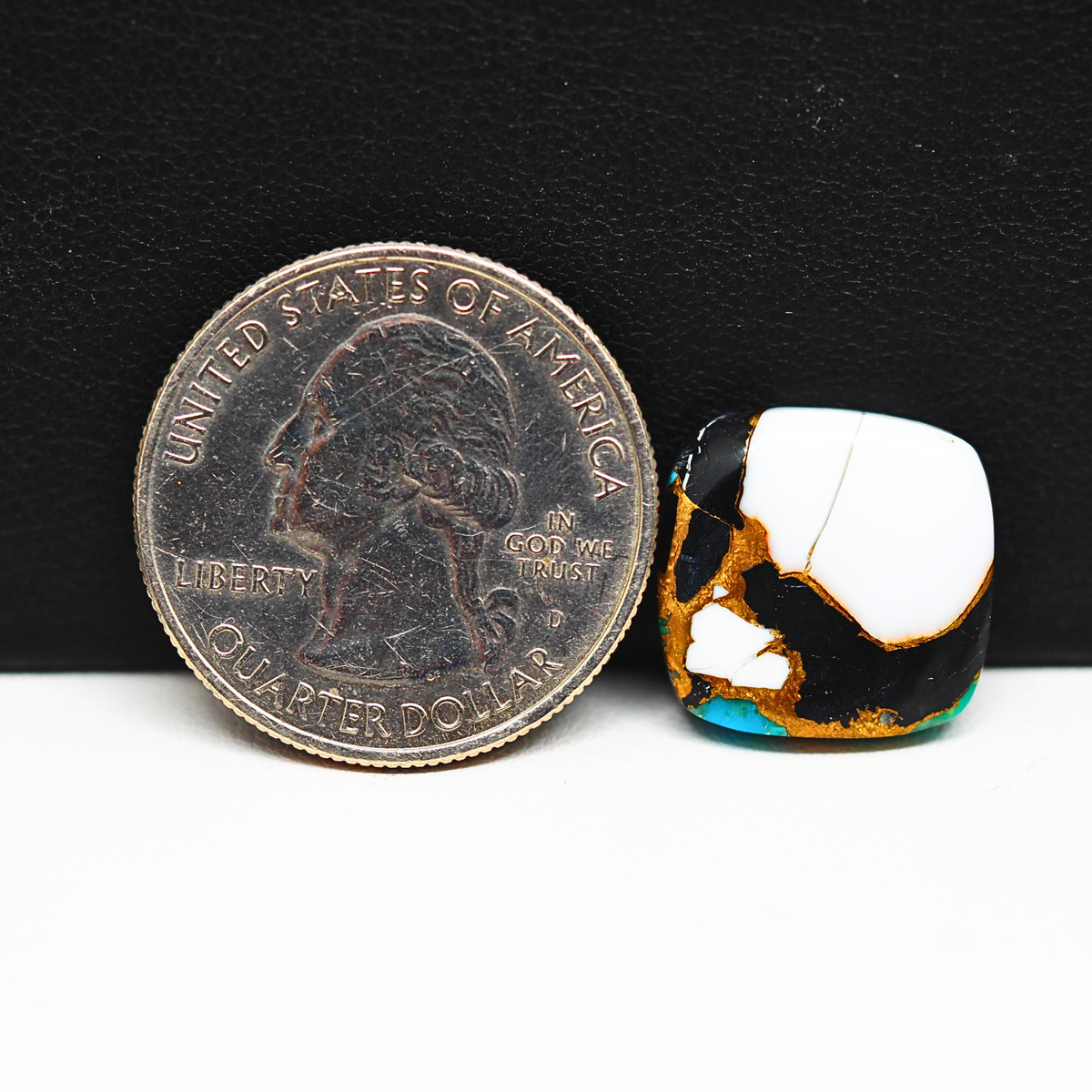 Natural Turquoise & White Buffalo Cushion Cabochon 15x15mm 9.5ct - White with Blue-Green Turquoise Black Onyx and Golden Matrix - Pedra Gems