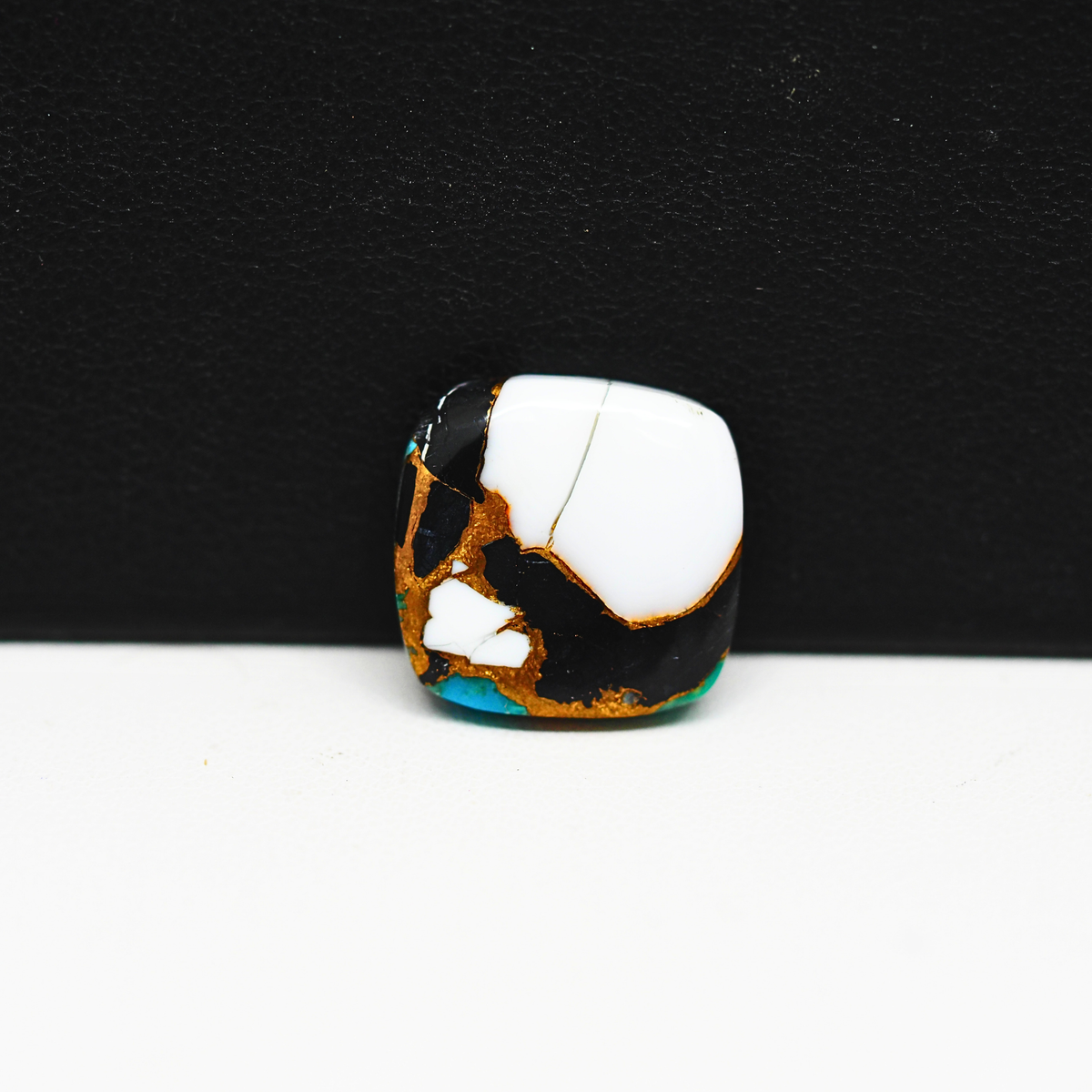 Natural Turquoise & White Buffalo Cushion Cabochon 15x15mm 9.5ct - White with Blue-Green Turquoise Black Onyx and Golden Matrix - Pedra Gems