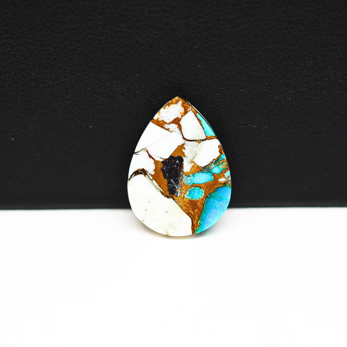 Natural Turquoise & White Buffalo Pear Cabochon 16x14mm 8.5ct - White with Teal Turquoise and Golden Matrix - Pedra Gems