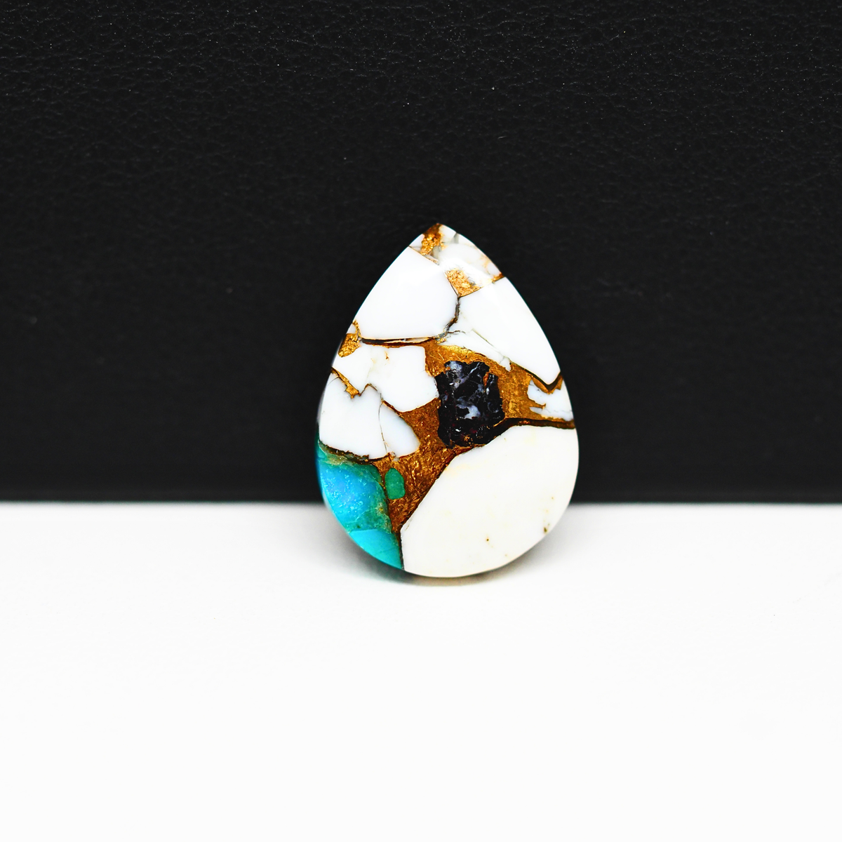 Natural Turquoise & White Buffalo Pear Cabochon 16x14mm 8.5ct - White with Teal Turquoise and Golden Matrix - Pedra Gems