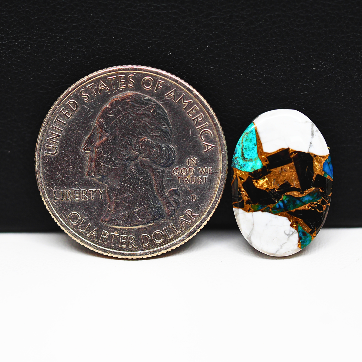 Natural Turquoise & White Buffalo Oval Cabochon 18x13mm 6.5ct - White with Blue-Green Turquoise Black Onyx and Golden Matrix - Pedra Gems