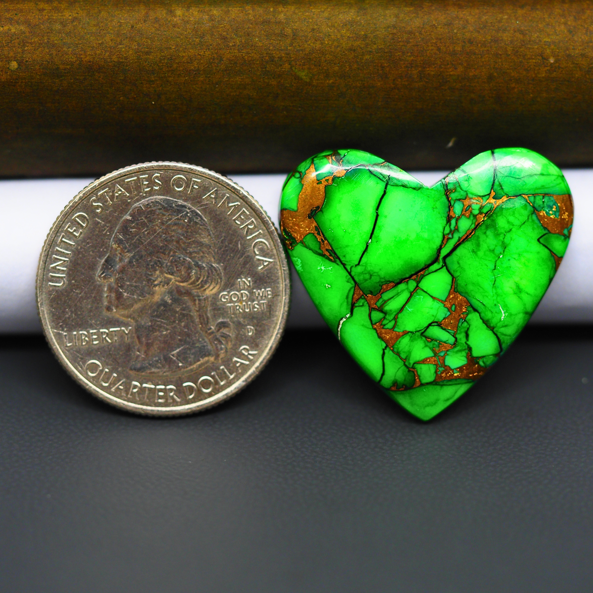Natural Emerald Dahlia Heart Cabochon 25x27mm 25.5ct - vivid green with copper matrix, ships to Europe, Japan, Canada, Australia, NZ & worldwide - Pedra Gems.
