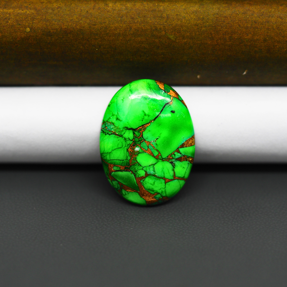 Natural Emerald Dahlia Oval Cabochon 24x18mm 16ct - vivid green with copper matrix, ships to Europe, Japan, Canada, Australia, NZ & worldwide - Pedra Gems.
