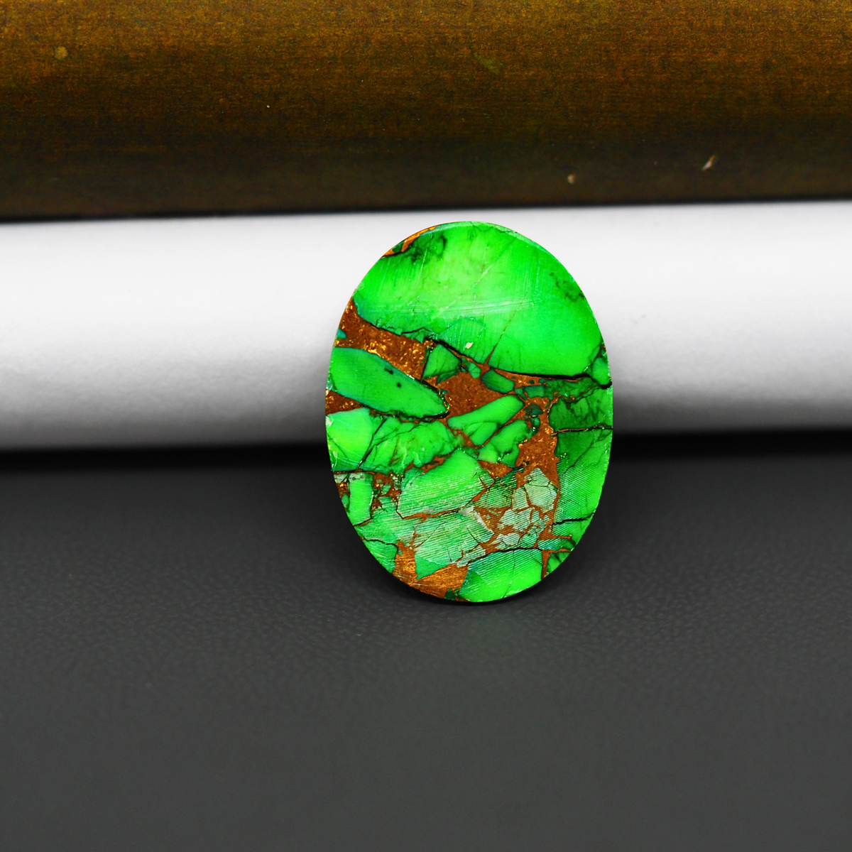 Natural Emerald Dahlia Oval Cabochon 24x18mm 16ct - vivid green with copper matrix, ships to Europe, Japan, Canada, Australia, NZ & worldwide - Pedra Gems.