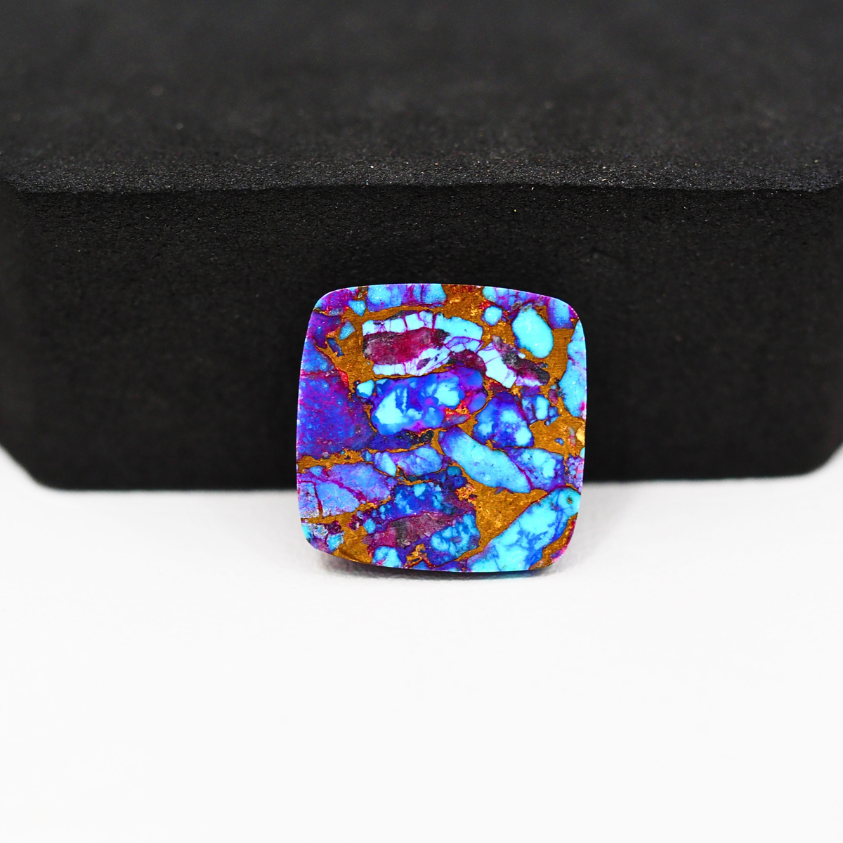 Stabilized Purple Mohave (Mojave) Turquoise Cushion Cabochon 16x16x4mm 12ct - purple with blue Kingman turquoise nuggets and bronze veining - Pedra Gems.