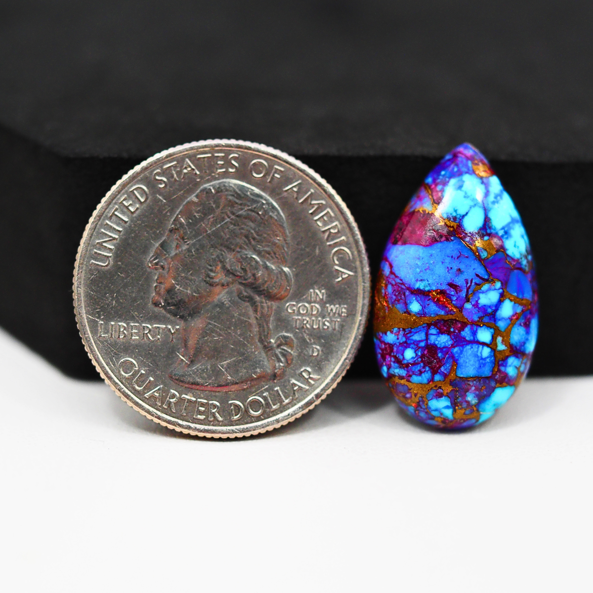 Stabilized Purple Mohave (Mojave) Turquoise Pear Cabochon 23x15x4mm 10.5ct - purple with blue Kingman turquoise nuggets and bronze veining - Pedra Gems.