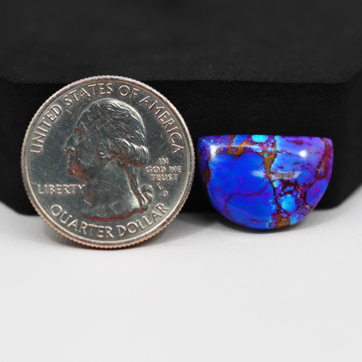 Stabilized Purple Mohave (Mojave) Turquoise Half Moon Cabochon 19x13x4mm 9ct - purple with blue Kingman turquoise nuggets and bronze veining - Pedra Gems.