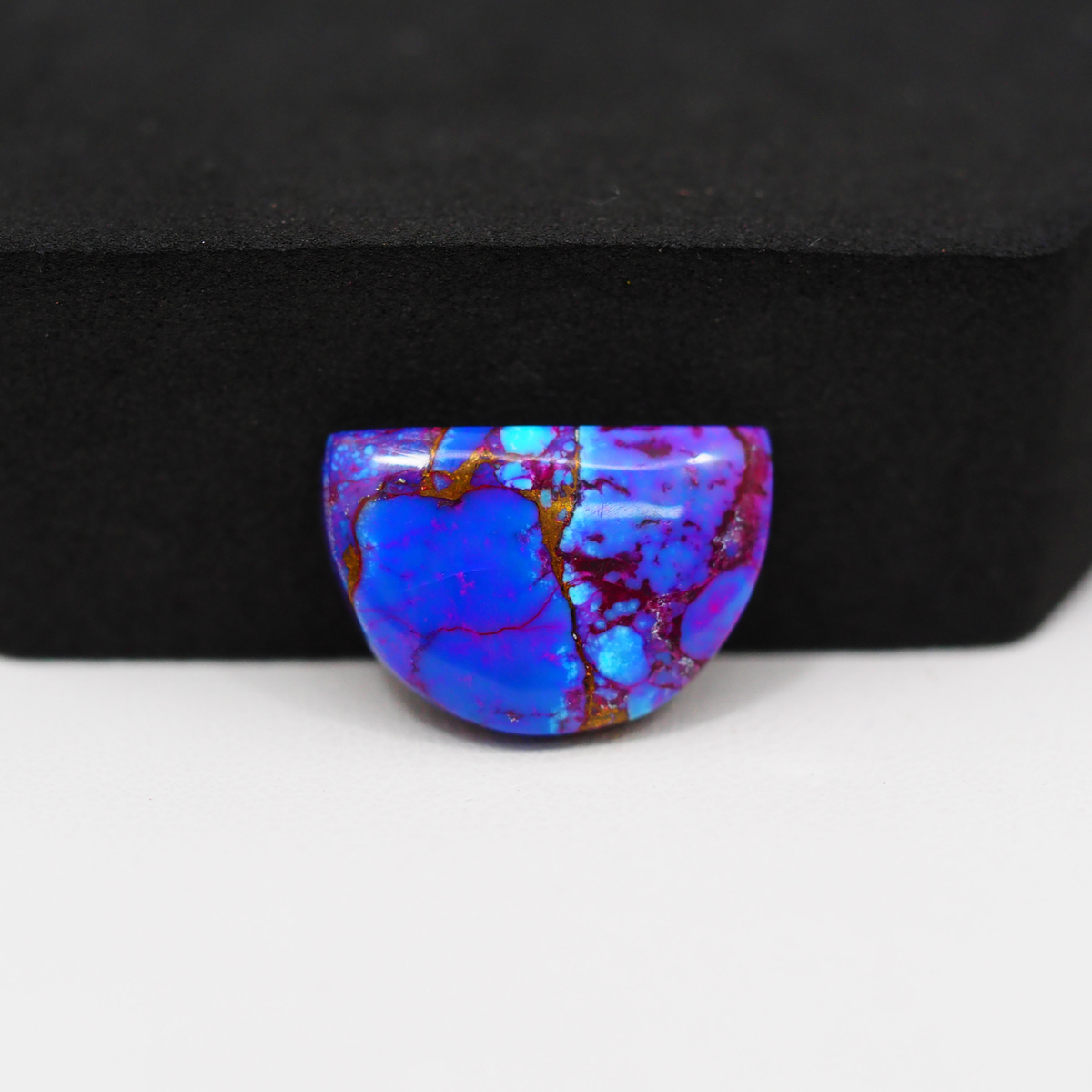 Stabilized Purple Mohave (Mojave) Turquoise Half Moon Cabochon 19x13x4mm 9ct - purple with blue Kingman turquoise nuggets and bronze veining - Pedra Gems.