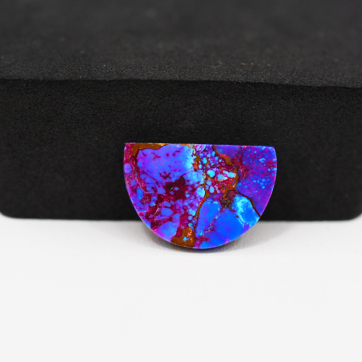 Stabilized Purple Mohave (Mojave) Turquoise Half Moon Cabochon 19x13x4mm 9ct - purple with blue Kingman turquoise nuggets and bronze veining - Pedra Gems.