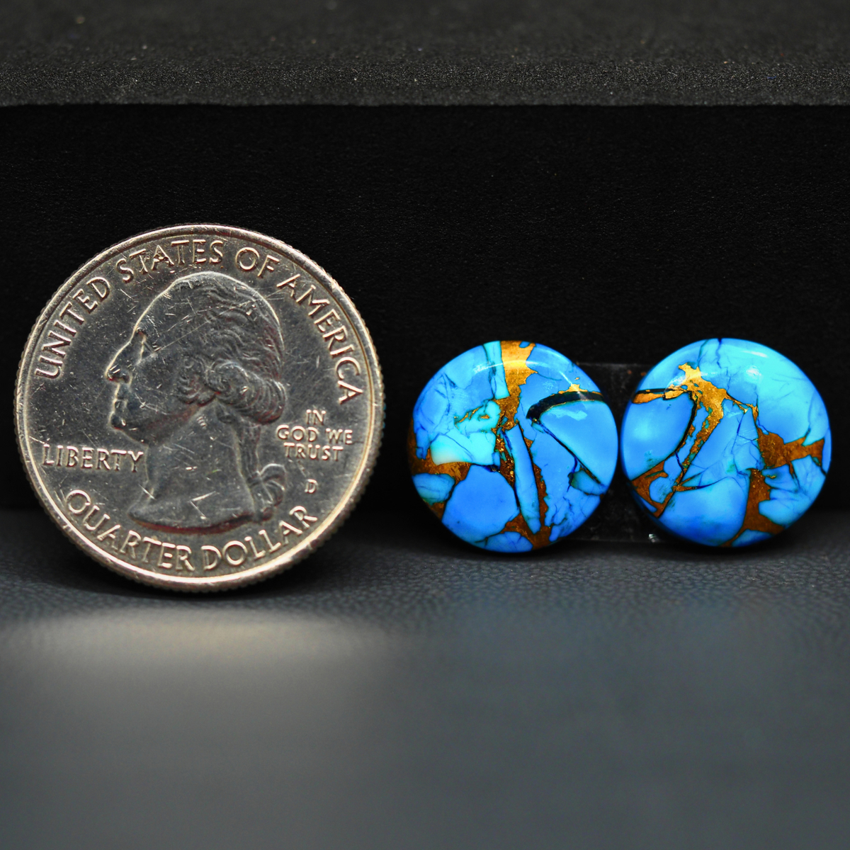 Kingman Ice Blue Dahlia Composite Round Cabochon Pair 14x14x3mm 11.5ct - icy blue and white stone with copper veining - Pedra Gems