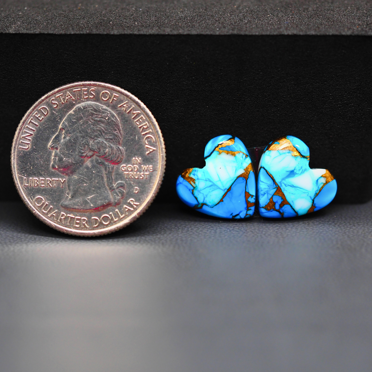 Kingman Ice Blue Dahlia Composite Heart Cabochon Pair 13x13x3mm 9.5ct - icy blue and white stone with copper veining - Pedra Gems