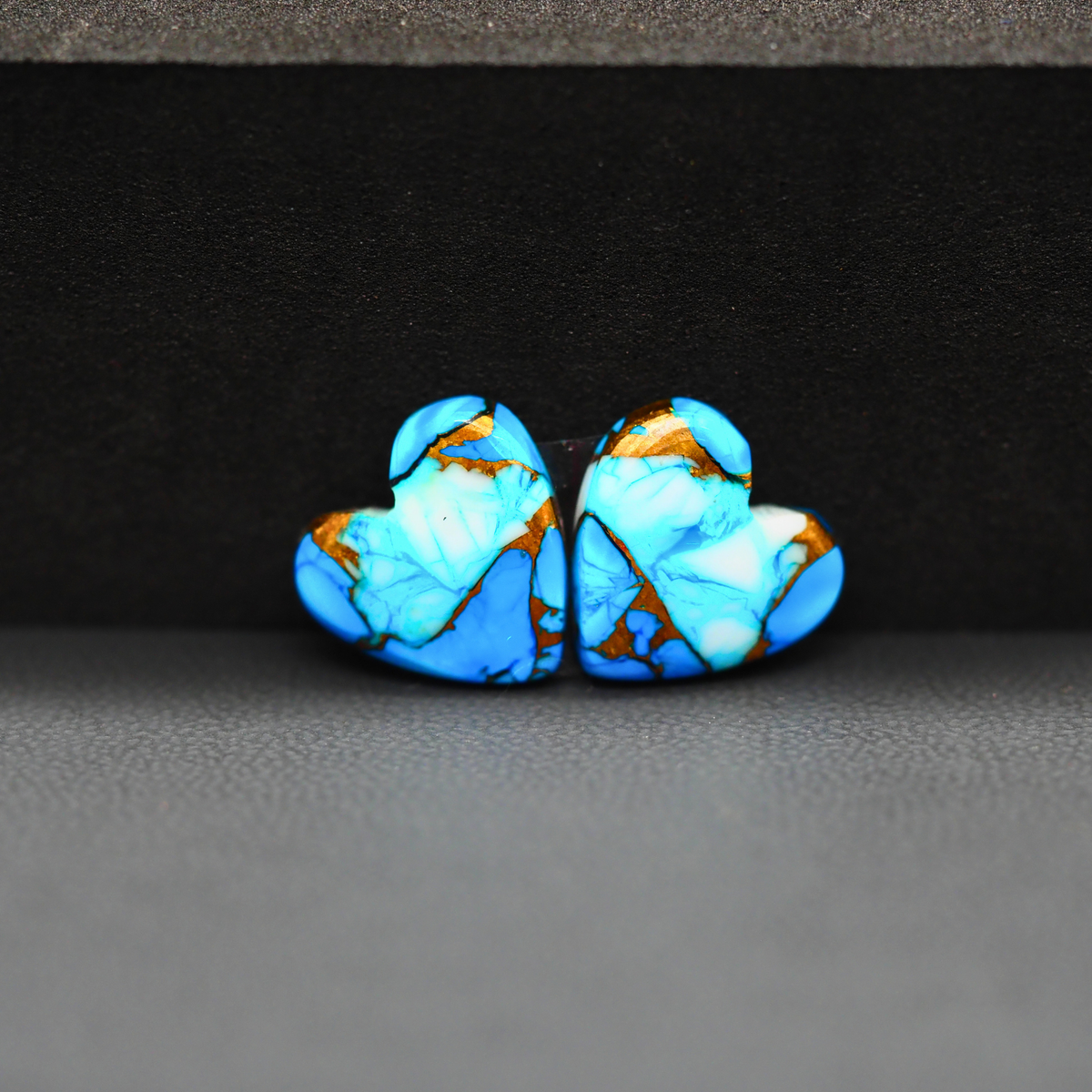Kingman Ice Blue Dahlia Composite Heart Cabochon Pair 13x13x3mm 9.5ct - icy blue and white stone with copper veining - Pedra Gems