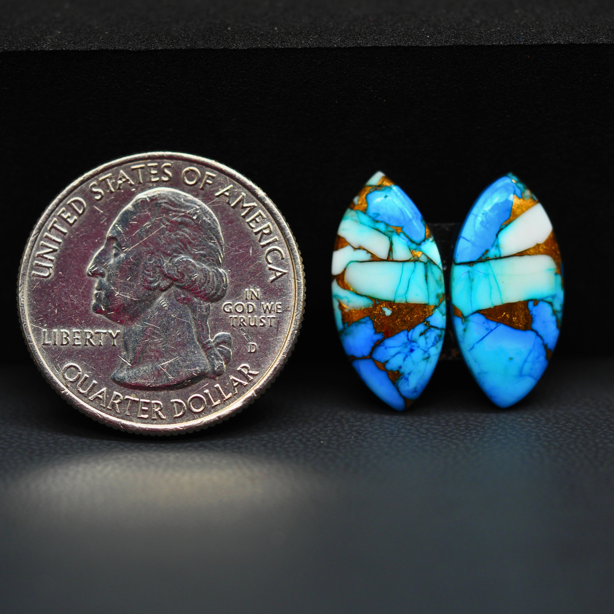 Kingman Ice Blue Dahlia Composite Marquise Cabochon Pair 20x10x3mm 9.5ct - icy blue and white stone with copper veining - Pedra Gems