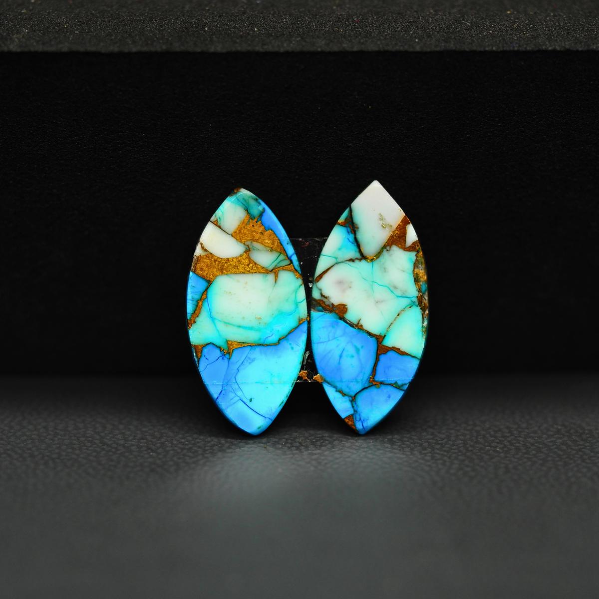 Kingman Ice Blue Dahlia Composite Marquise Cabochon Pair 20x10x3mm 9.5ct - icy blue and white stone with copper veining - Pedra Gems