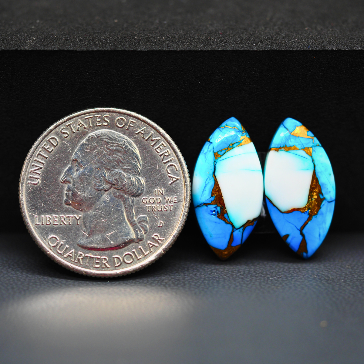 Kingman Ice Blue Dahlia Composite Marquise Cabochon Pair 20x10x3mm 11.5ct - icy blue and white stone with copper veining - Pedra Gems