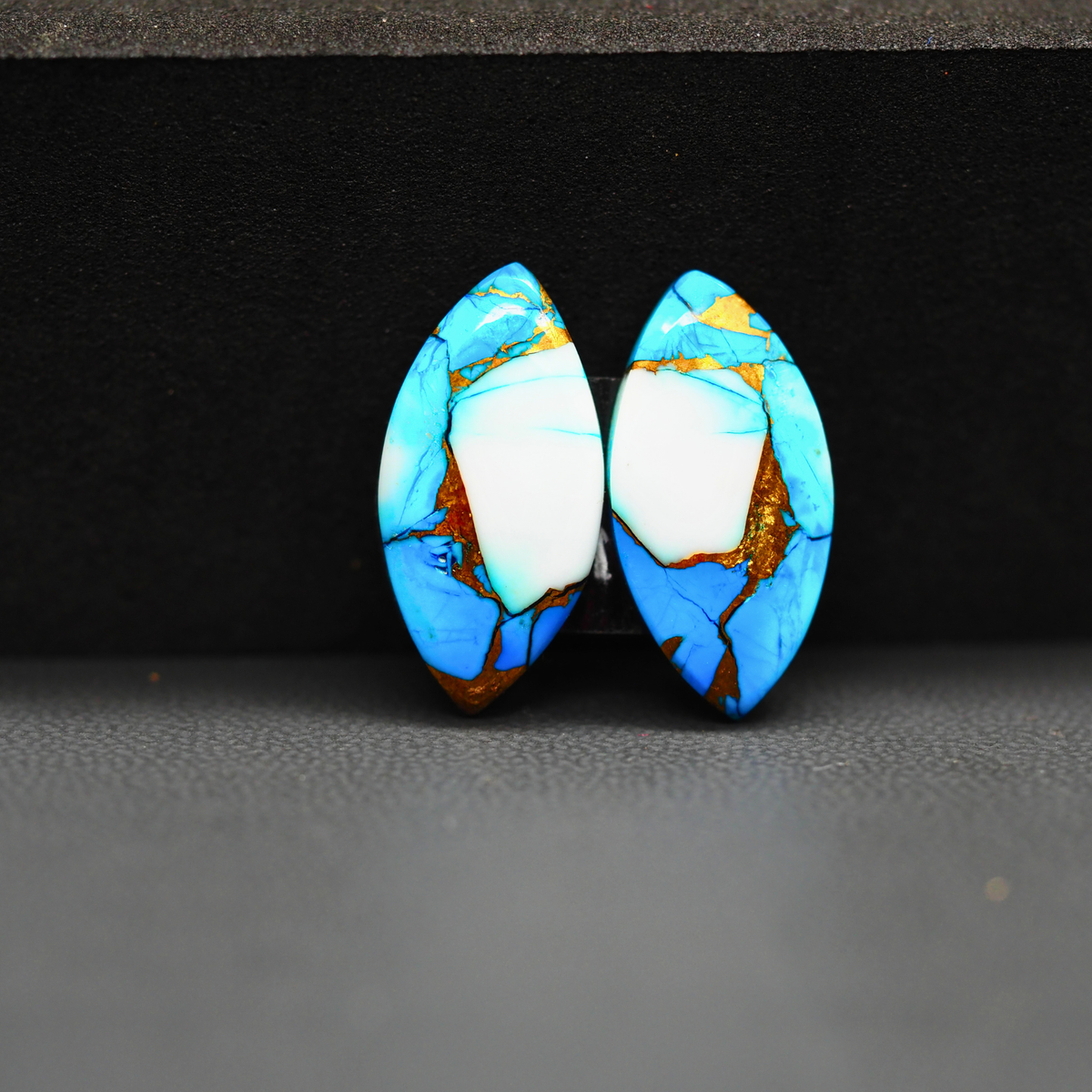 Kingman Ice Blue Dahlia Composite Marquise Cabochon Pair 20x10x3mm 11.5ct - icy blue and white stone with copper veining - Pedra Gems