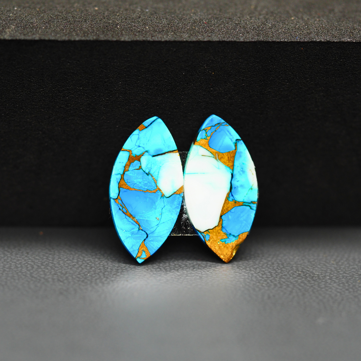 Kingman Ice Blue Dahlia Composite Marquise Cabochon Pair 20x10x3mm 11.5ct - icy blue and white stone with copper veining - Pedra Gems