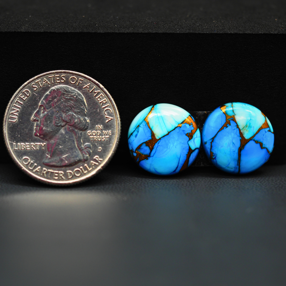 Kingman Ice Blue Dahlia Composite Round Cabochon Pair 15x15x3mm 14.5ct - icy blue and white stone with copper veining - Pedra Gems