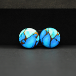 Kingman Ice Blue Dahlia Composite Round Cabochon Pair 15x15x3mm 14.5ct - icy blue and white stone with copper veining - Pedra Gems