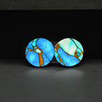 Kingman Ice Blue Dahlia Composite Round Cabochon Pair 15x15x3mm 14.5ct - icy blue and white stone with copper veining - Pedra Gems