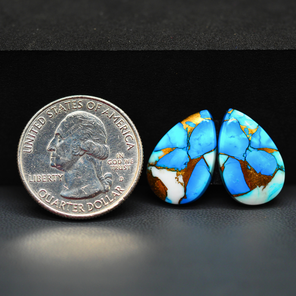 Kingman Ice Blue Dahlia Composite Pear Cabochon Pair 19x12x3mm 15ct - icy blue and white stone with copper veining - Pedra Gems