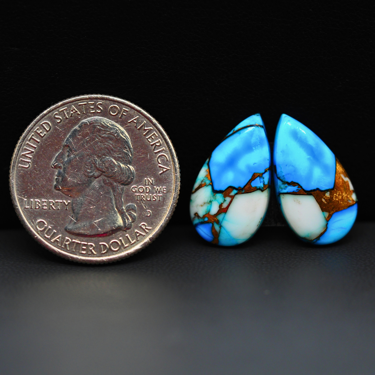 Kingman Ice Blue Dahlia Composite Pear Cabochon Pair 19x11x3mm 13ct - icy blue and white stone with copper veining - Pedra Gems