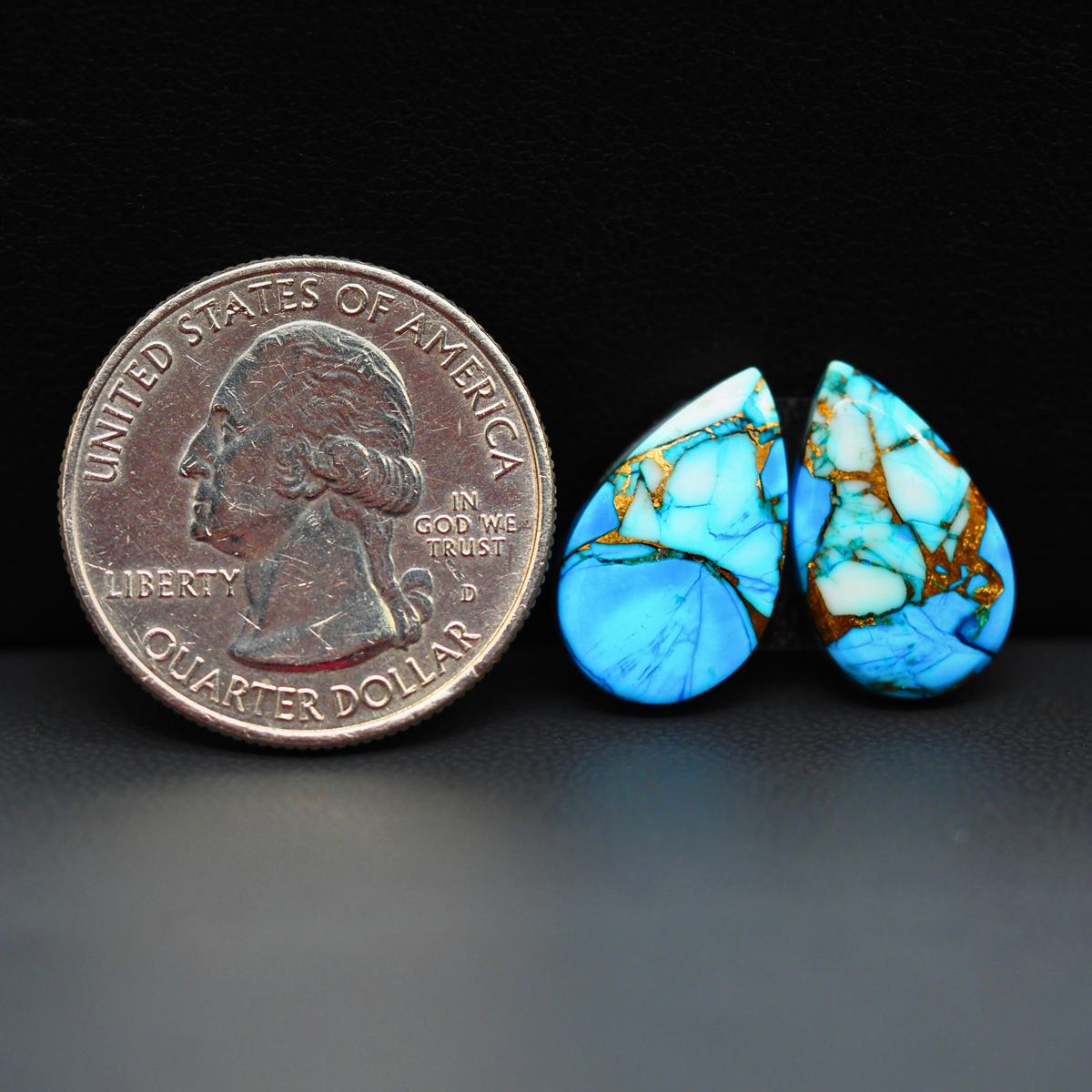 Kingman Ice Blue Dahlia Composite Pear Cabochon Pair 17x10x3mm 11ct - icy blue and white stone with copper veining - Pedra Gems