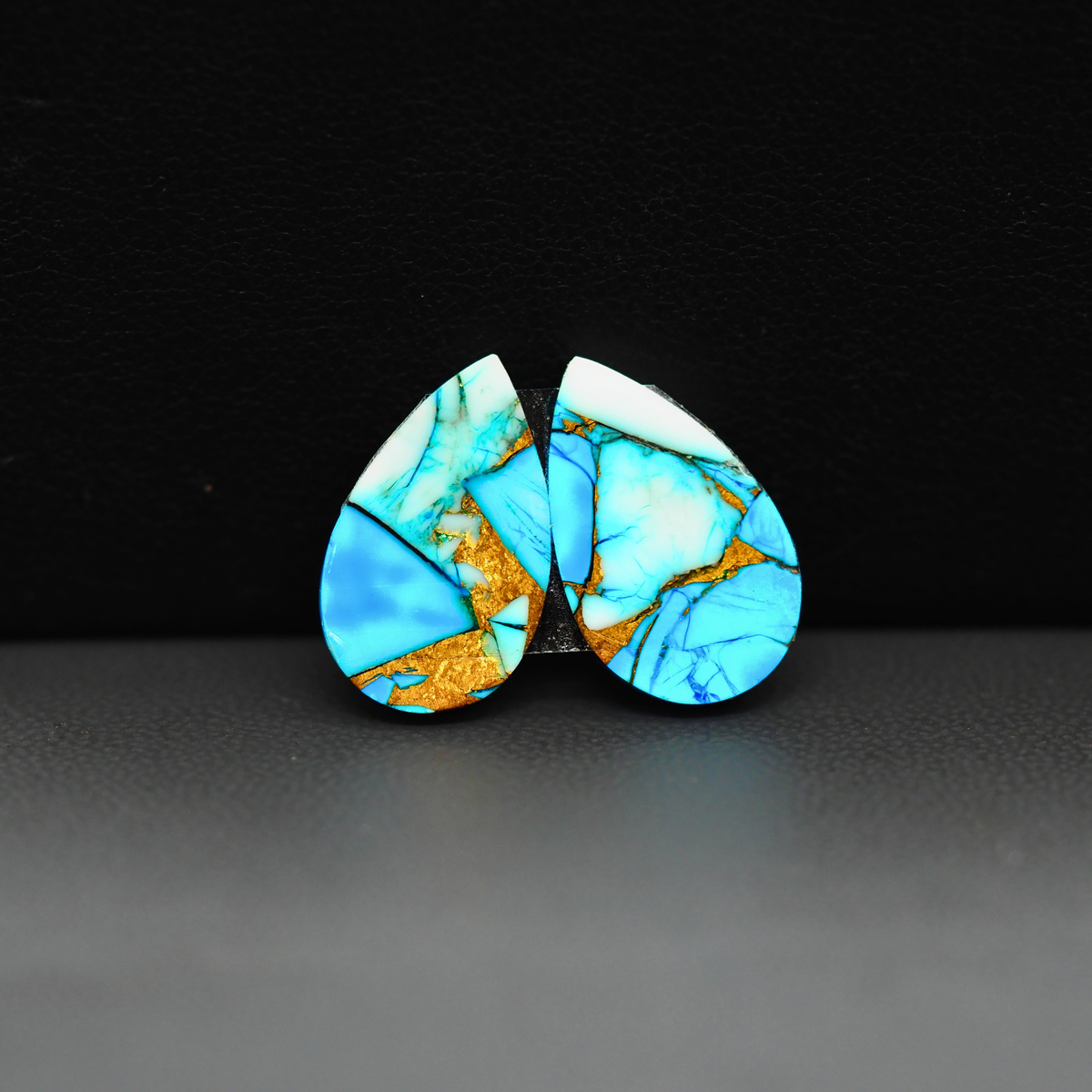 Kingman Ice Blue Dahlia Composite Pear Cabochon Pair 17x10x3mm 11ct - icy blue and white stone with copper veining - Pedra Gems