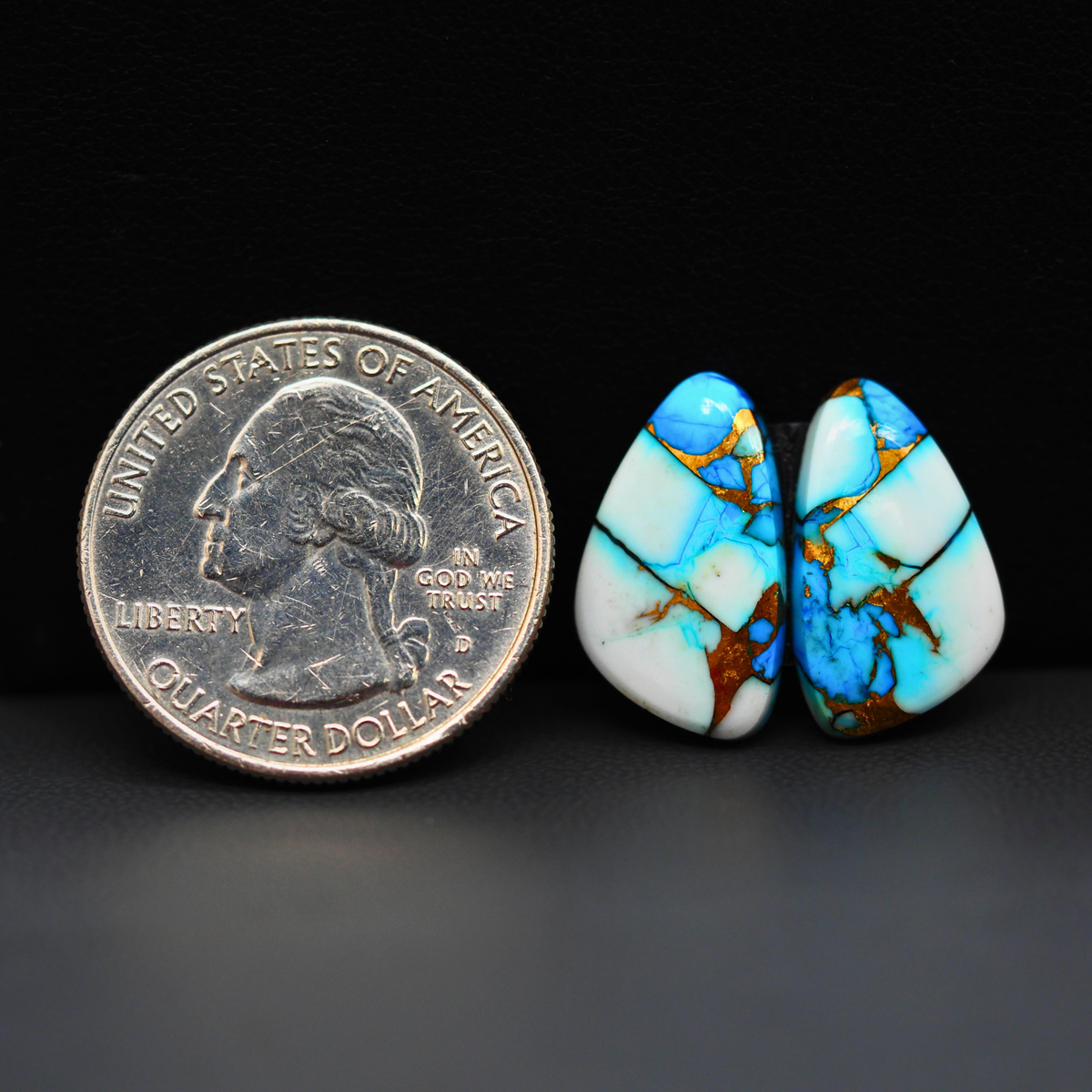 Kingman Ice Blue Dahlia Composite Freeform Cabochon Pair 18x11x3mm 12ct - icy blue and white stone with copper veining - Pedra Gems