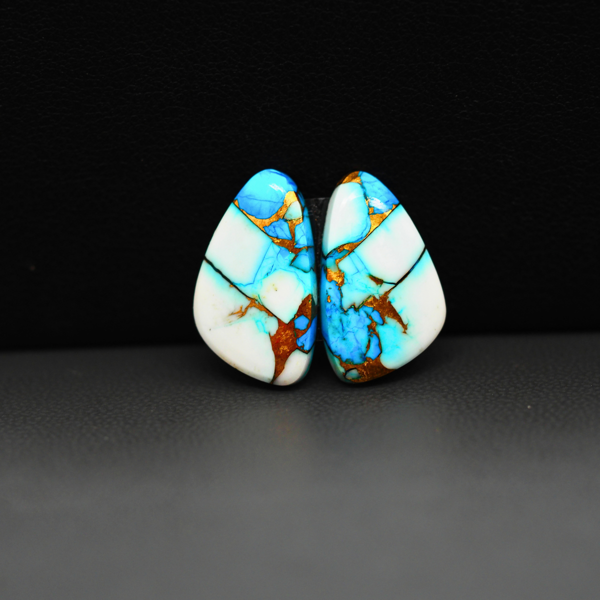 Kingman Ice Blue Dahlia Composite Freeform Cabochon Pair 18x11x3mm 12ct - icy blue and white stone with copper veining - Pedra Gems