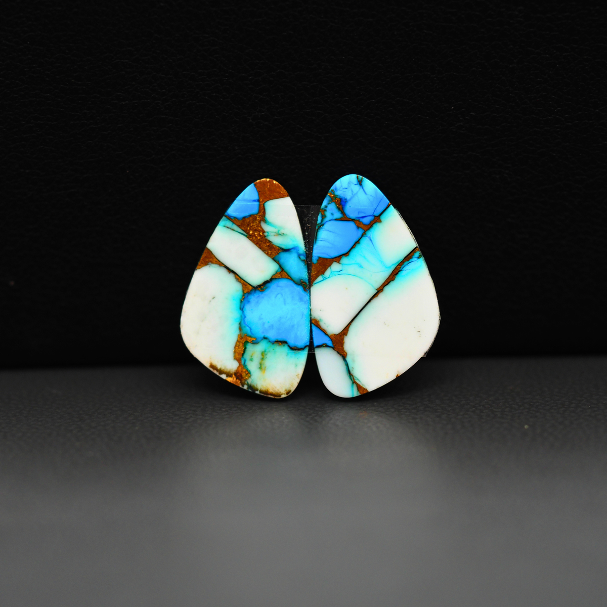 Kingman Ice Blue Dahlia Composite Freeform Cabochon Pair 18x11x3mm 12ct - icy blue and white stone with copper veining - Pedra Gems