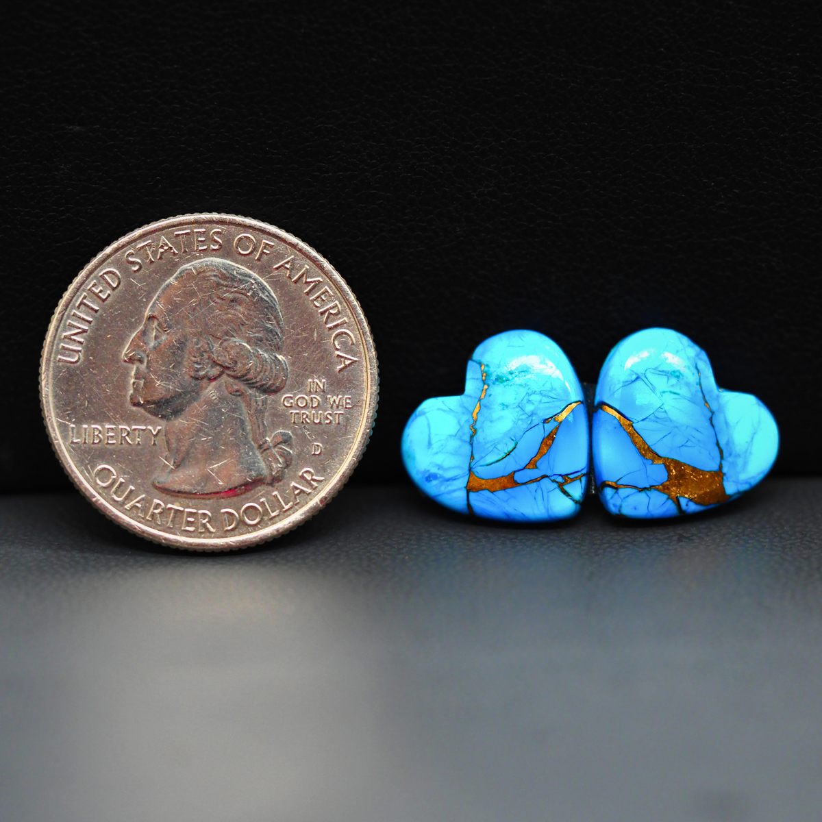Kingman Ice Blue Dahlia Composite Heart Cabochon Pair 14x14x3mm 10.5ct - icy blue and white stone with copper veining - Pedra Gems