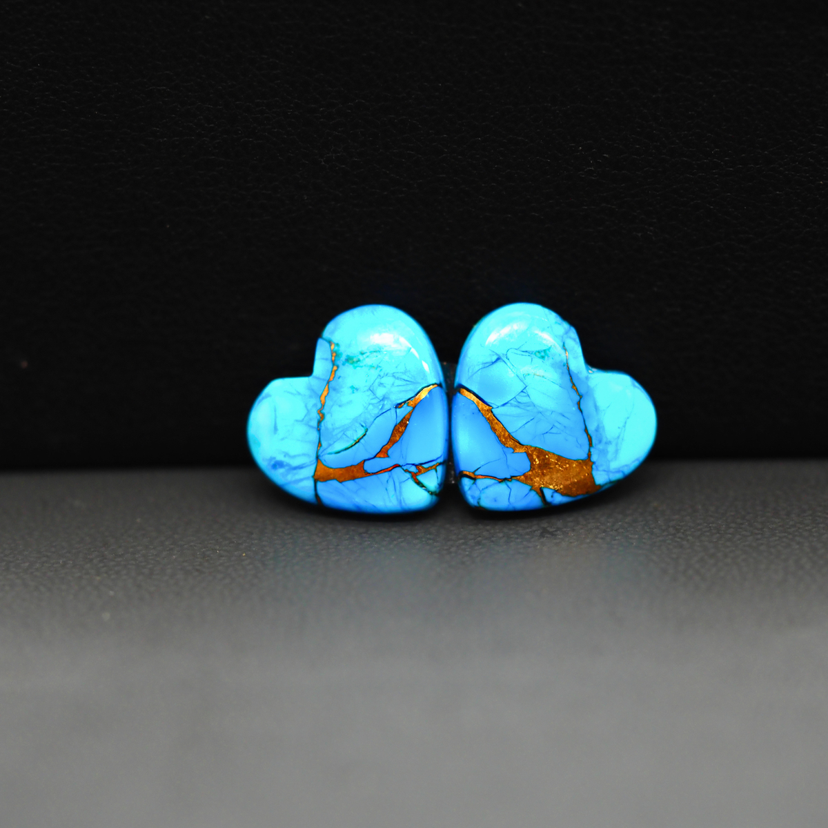 Kingman Ice Blue Dahlia Composite Heart Cabochon Pair 14x14x3mm 10.5ct - icy blue and white stone with copper veining - Pedra Gems