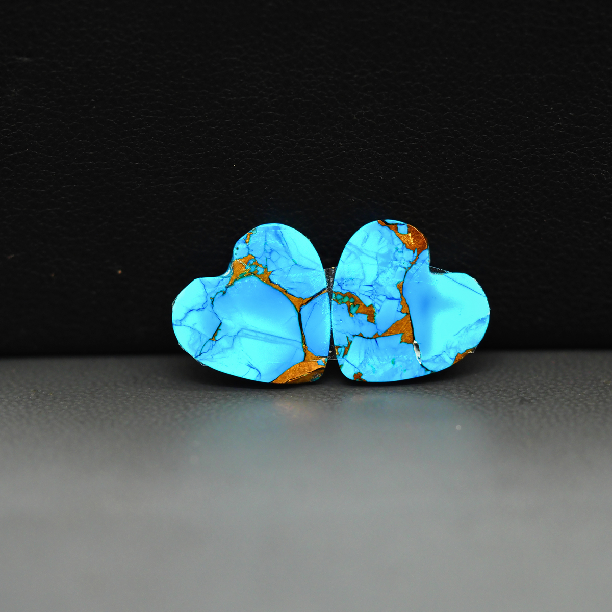 Kingman Ice Blue Dahlia Composite Heart Cabochon Pair 14x14x3mm 10.5ct - icy blue and white stone with copper veining - Pedra Gems