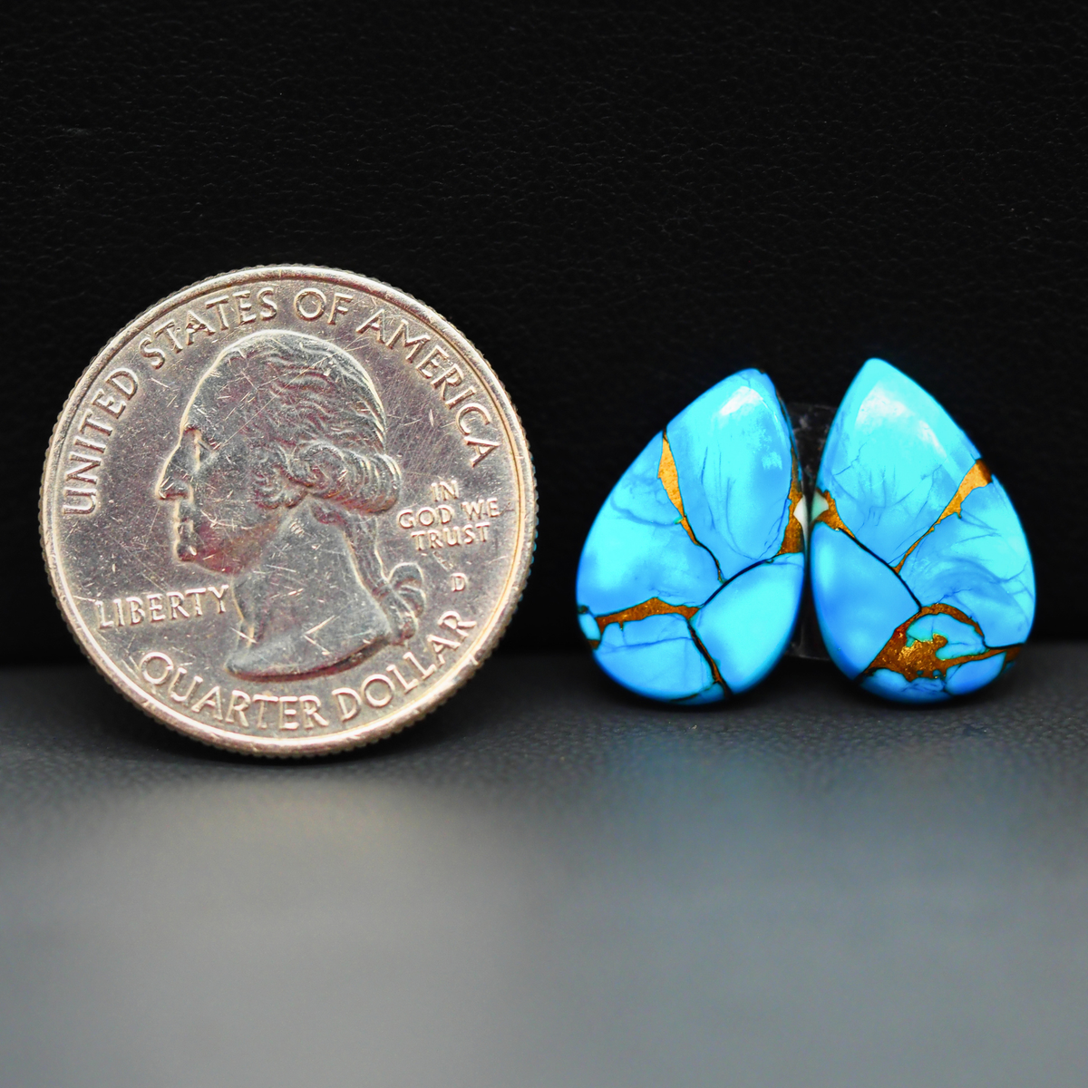Kingman Ice Blue Dahlia Composite Pear Cabochon Pair 17x11x3mm 10ct - icy blue and white stone with copper veining - Pedra Gems
