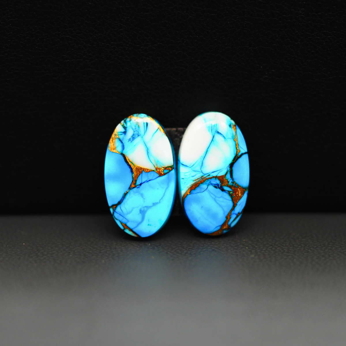 Kingman Ice Blue Dahlia Composite Oval Cabochon Pair 17x10x3mm 11.5ct - icy blue and white stone with copper veining - Pedra Gems