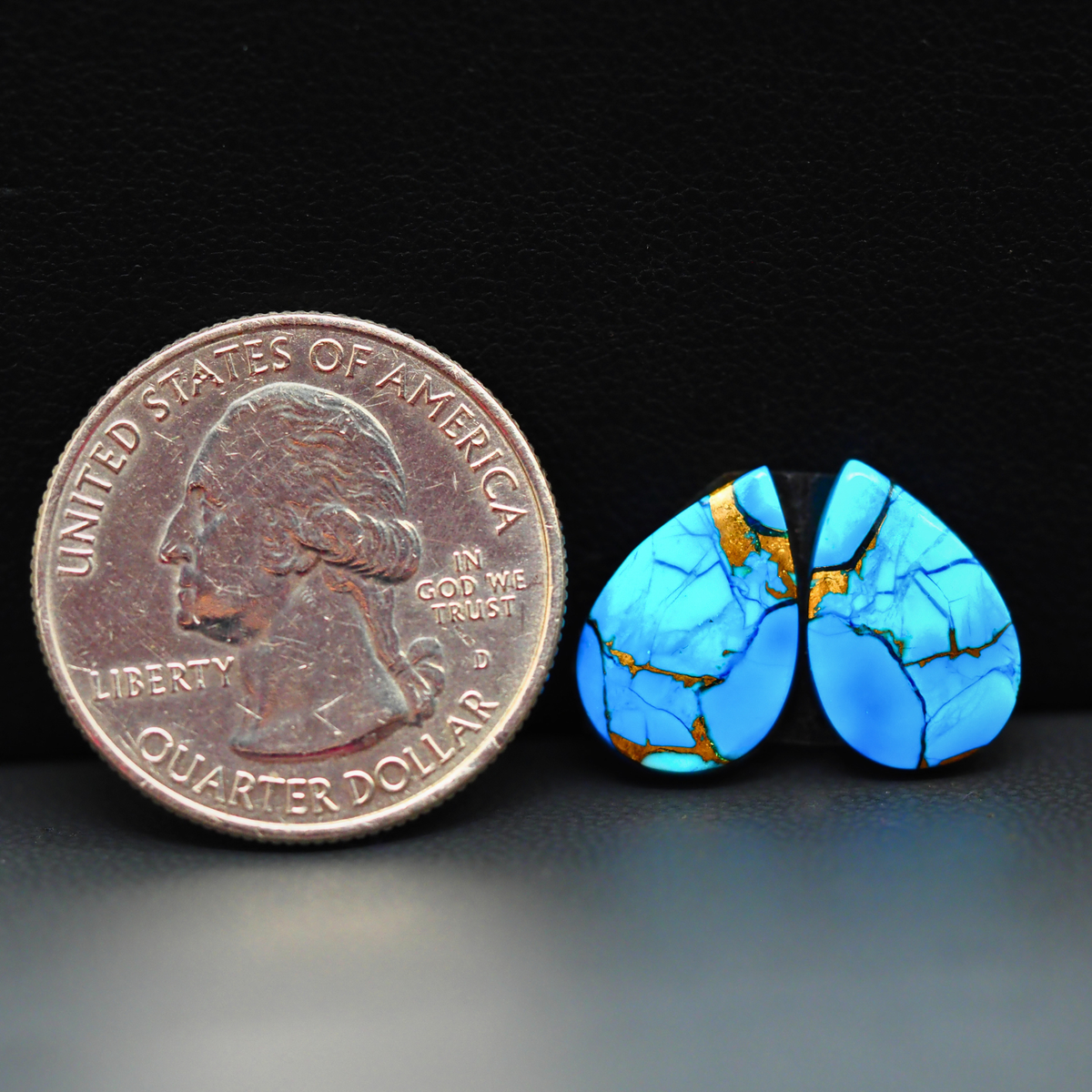 Kingman Ice Blue Dahlia Composite Pear Cabochon Pair 14x10x3mm 8.5ct - icy blue and white stone with copper veining - Pedra Gems