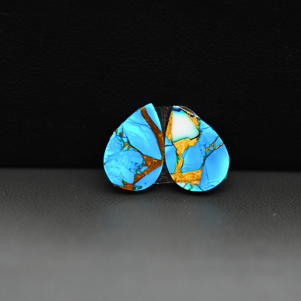 Kingman Ice Blue Dahlia Composite Pear Cabochon Pair 14x10x3mm 8.5ct - icy blue and white stone with copper veining - Pedra Gems
