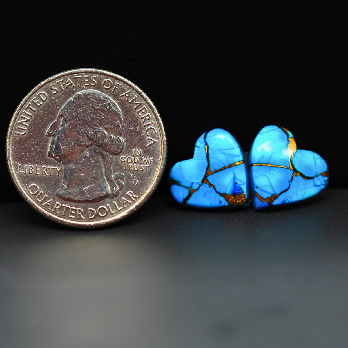 Kingman Ice Blue Dahlia Composite Heart Cabochon Pair 13x13x3mm 10ct - icy blue and white stone with copper veining - Pedra Gems