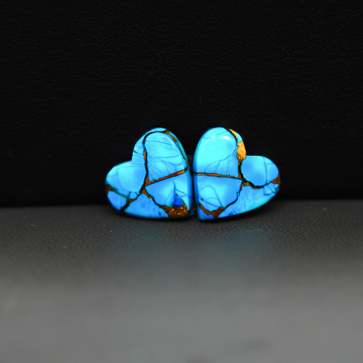 Kingman Ice Blue Dahlia Composite Heart Cabochon Pair 13x13x3mm 10ct - icy blue and white stone with copper veining - Pedra Gems