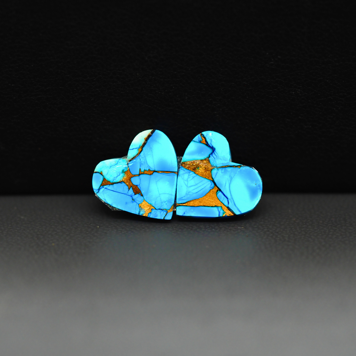 Kingman Ice Blue Dahlia Composite Heart Cabochon Pair 13x13x3mm 10ct - icy blue and white stone with copper veining - Pedra Gems