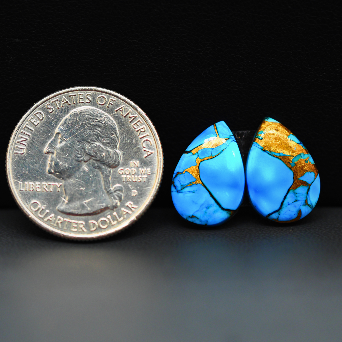 Kingman Ice Blue Dahlia Composite Pear Cabochon Pair 17x11x3mm 12ct - icy blue and white stone with copper veining - Pedra Gems