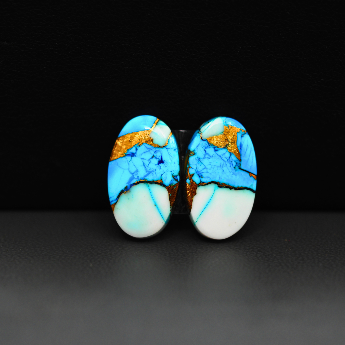 Kingman Ice Blue Dahlia Composite Oval Cabochon Pair 18x11x3mm 12.5ct - icy blue and white stone with copper veining - Pedra Gems