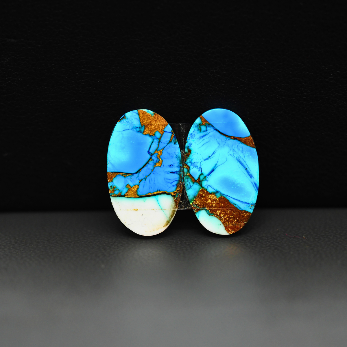 Kingman Ice Blue Dahlia Composite Oval Cabochon Pair 18x11x3mm 12.5ct - icy blue and white stone with copper veining - Pedra Gems
